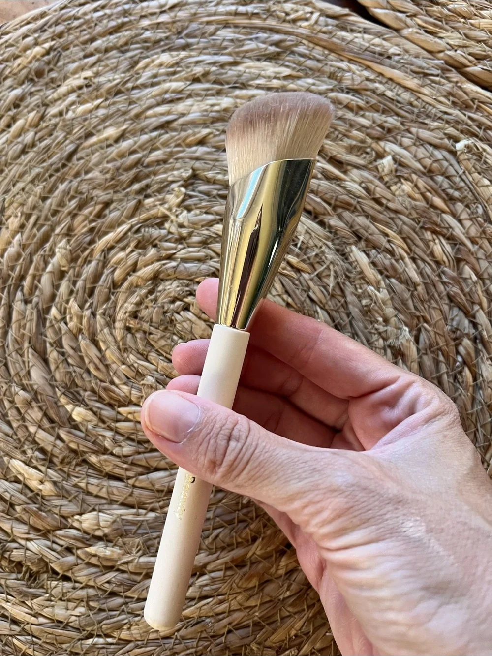 Rare Beauty Angled Foundation Brush in Cream Handle with Gold Ferrule